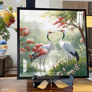 Tranh treo tường hoa mẫu đơn và đôi chim công khổ dọc