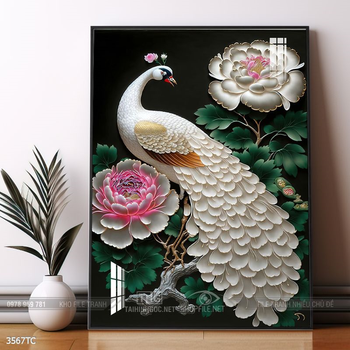 Tranh chim công hoa mẫu đơn decor trang trí tường nhà