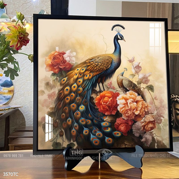 Tranh chim công trong vườn hoa mẫu đơn treo tường