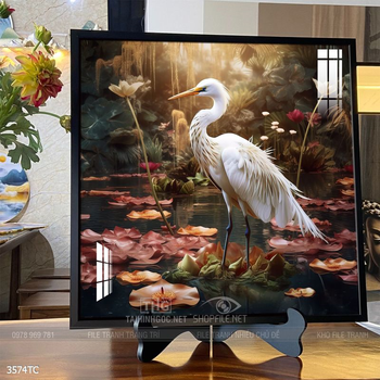 Tranh treo tường hoa mẫu đơn và đôi chim công khổ dọc