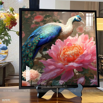 Tranh treo tường phong thủy chim công và hoa mẫu đơn