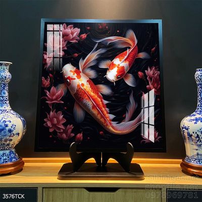 Tranh decor tường phòng khách cá chép hoa sen