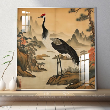 Tranh chim công hoa mẫu đơn decor trang trí tường nhà