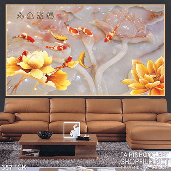 Tranh hoa sen, cá chép kim tiền thư pháp