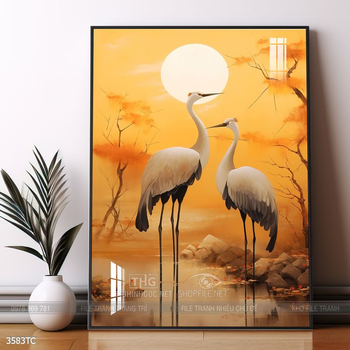 Tranh phòng khách chim công và hoa mẫu đơn treo tường