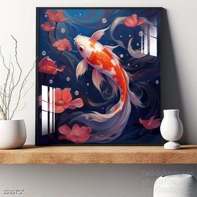 Tranh decor tường phòng khách cá chép hoa sen