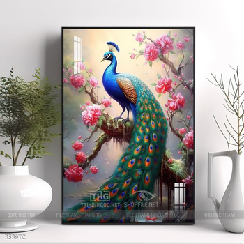 Tranh hoa mẫu đơn và chim công