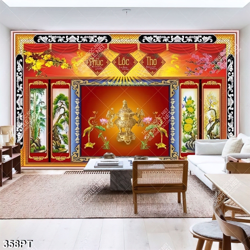 Tranh bàn thờ chim hạc vàng đẹp in uv