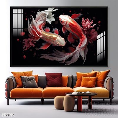 Tranh trang trí phòng khách cá chép hoa sen