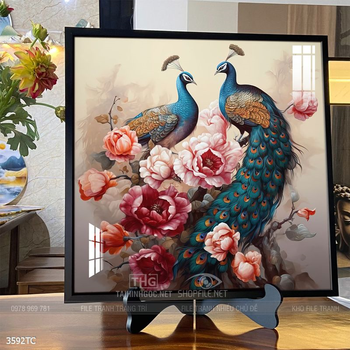 Tranh đôi chim công và hoa mẫu đơn treo tường phòng khách