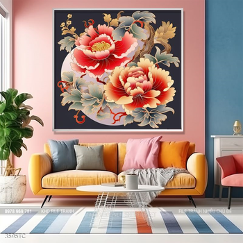 Tranh treo tường hoa mẫu đơn và đôi chim công khổ dọc