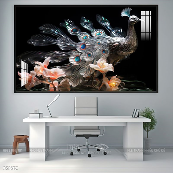 Tranh treo tường phong thủy chim công và hoa mẫu đơn