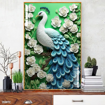 Tranh chim công hoa mẫu đơn decor trang trí tường nhà