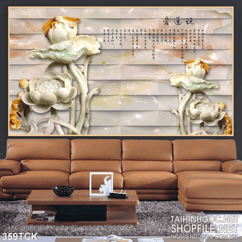 Tranh hoa sen, cá chép giả ngọc thư pháp