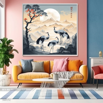 Tranh chim công trong vườn hoa mẫu đơn treo tường