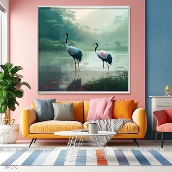 Tranh đôi chim công và hoa mẫu đơn treo tường phòng khách