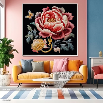 Tranh treo tường phong thủy chim công và hoa mẫu đơn