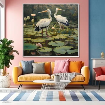 Tranh chim công hoa mẫu đơn decor trang trí tường nhà