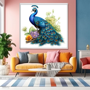 Tranh hoa mẫu đơn và chim công