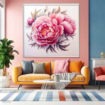 Tranh phòng khách chim công và hoa mẫu đơn treo tường