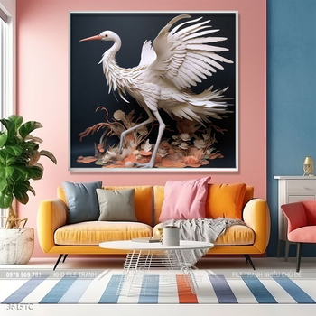 Tranh treo tường hoa mẫu đơn và đôi chim công khổ dọc