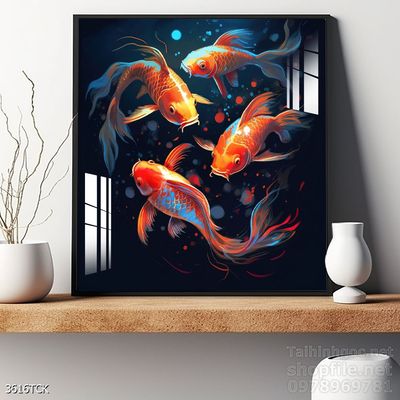 Tranh trang trí phòng khách cá chép hoa sen