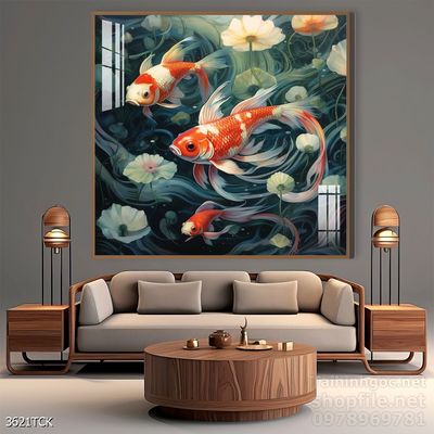 Tranh cá chép hoa sen nghệ thuật hiện đại