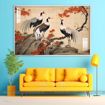 Tranh chim công hoa mẫu đơn decor trang trí tường nhà