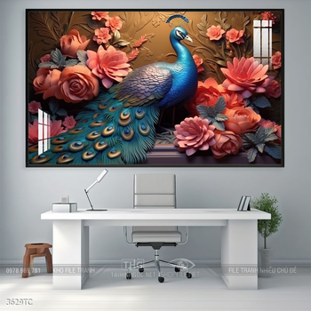 Tranh hoa mẫu đơn và chim công