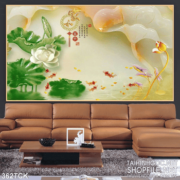 Tranh hoa sen, cá chép thư pháp trang trí