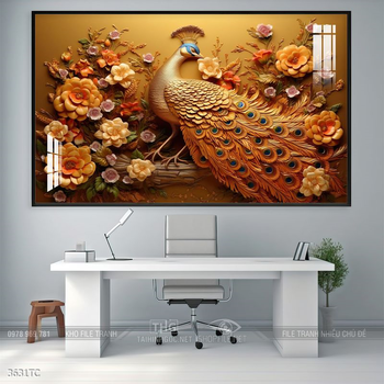 Tranh chim công trong vườn hoa mẫu đơn treo tường
