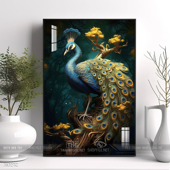 Tranh đôi chim công và hoa mẫu đơn treo tường phòng khách