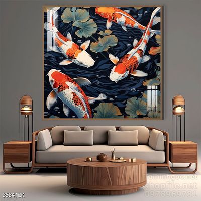 Tranh trang trí phòng khách cá chép hoa sen