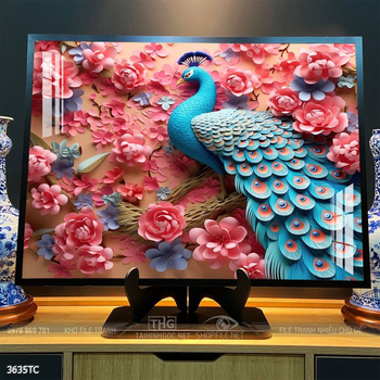 Tranh treo tường hoa mẫu đơn và đôi chim công khổ dọc