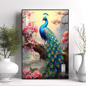 Tranh treo tường phong thủy chim công và hoa mẫu đơn