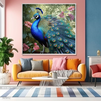 Tranh chim công hoa mẫu đơn decor trang trí tường nhà