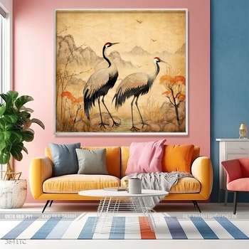 Tranh chim công trong vườn hoa mẫu đơn treo tường