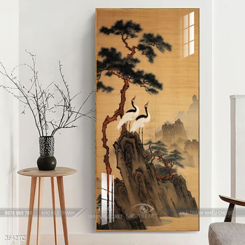 Tranh đôi chim công và hoa mẫu đơn treo tường phòng khách