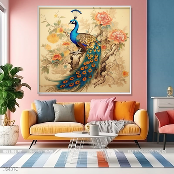 Tranh phòng khách chim công và hoa mẫu đơn treo tường