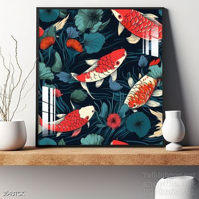 Tranh trang trí phòng khách cá chép hoa sen