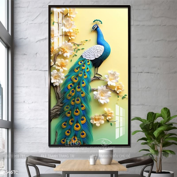 Tranh treo tường phong thủy chim công và hoa mẫu đơn