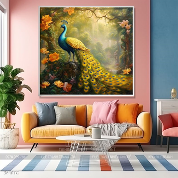Tranh chim công hoa mẫu đơn decor trang trí tường nhà