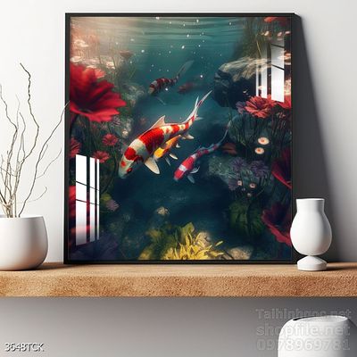 Tranh cá chép hoa sen nghệ thuật hiện đại