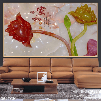 Tranh hoa sen, cá chép thư pháp giả ngọc