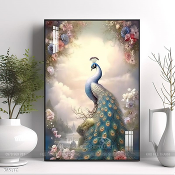 Tranh chim công trong vườn hoa mẫu đơn treo tường