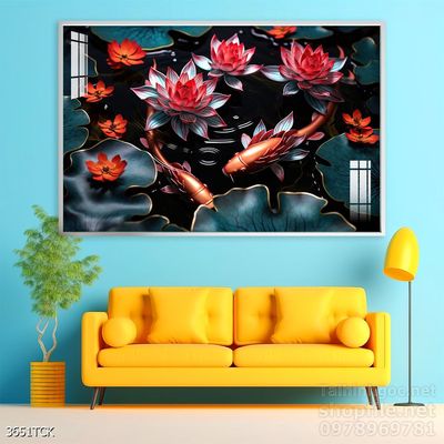 Tranh trang trí phòng khách cá chép hoa sen