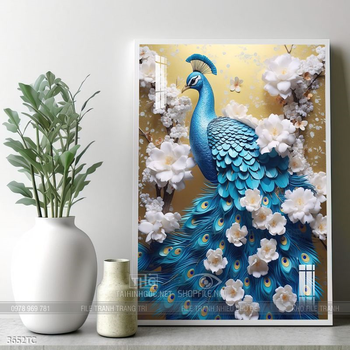 Tranh đôi chim công và hoa mẫu đơn treo tường phòng khách