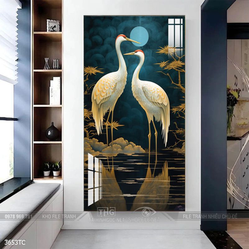 Tranh phòng khách chim công và hoa mẫu đơn treo tường