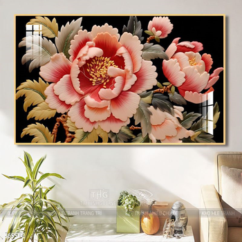 Tranh treo tường hoa mẫu đơn và đôi chim công khổ dọc