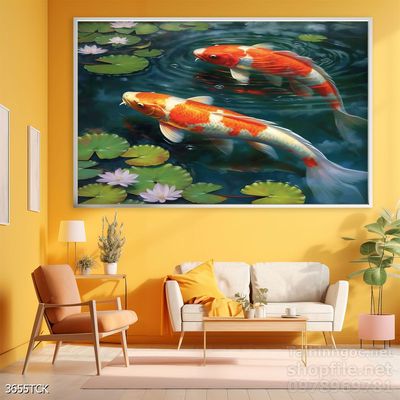 Tranh decor tường phòng khách cá chép hoa sen